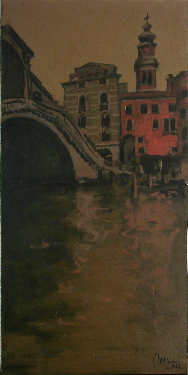 Venetia ,podul Rialto, ulei carton